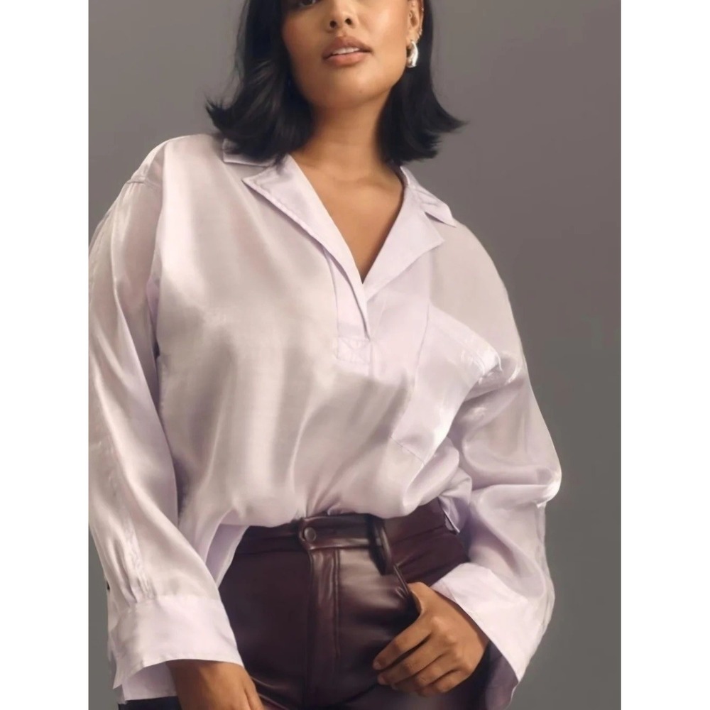 Pilcro and the Letterpress Lavender Sheer Shimmer Satin V-Neck Blouse Womens M